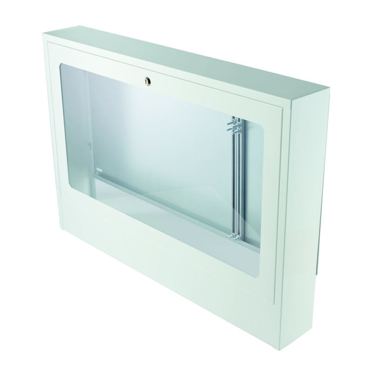 Surface-mounted distribution box with glass panel