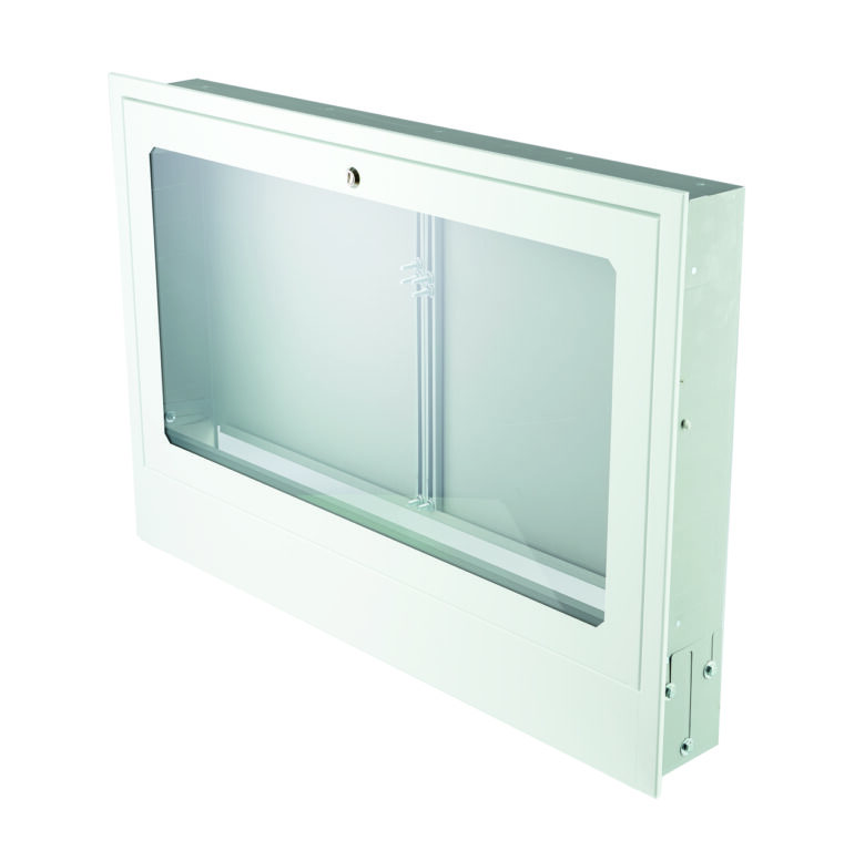 Recessed distribution box with glass panel